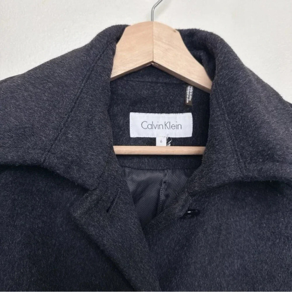 Calvin Klein  Womens 6 Wool Belted Colorblock Mid Length Coat In Grey Black - Picture 10 of 16